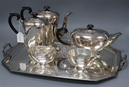 A Mappin and Webb silver plated six piece tea and coffee set plus tray